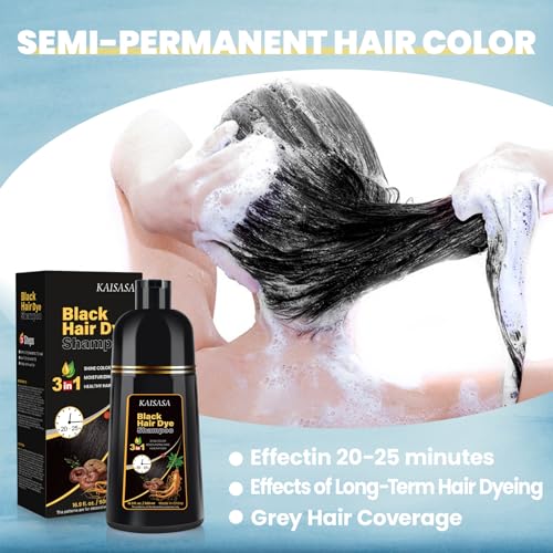 Black Hair Dye Shampoo 3 in 1, Natural Hair Dye Semi Permanent Color, Gray Hair Cover Up for Treated Color for Women and Men, 500ML
