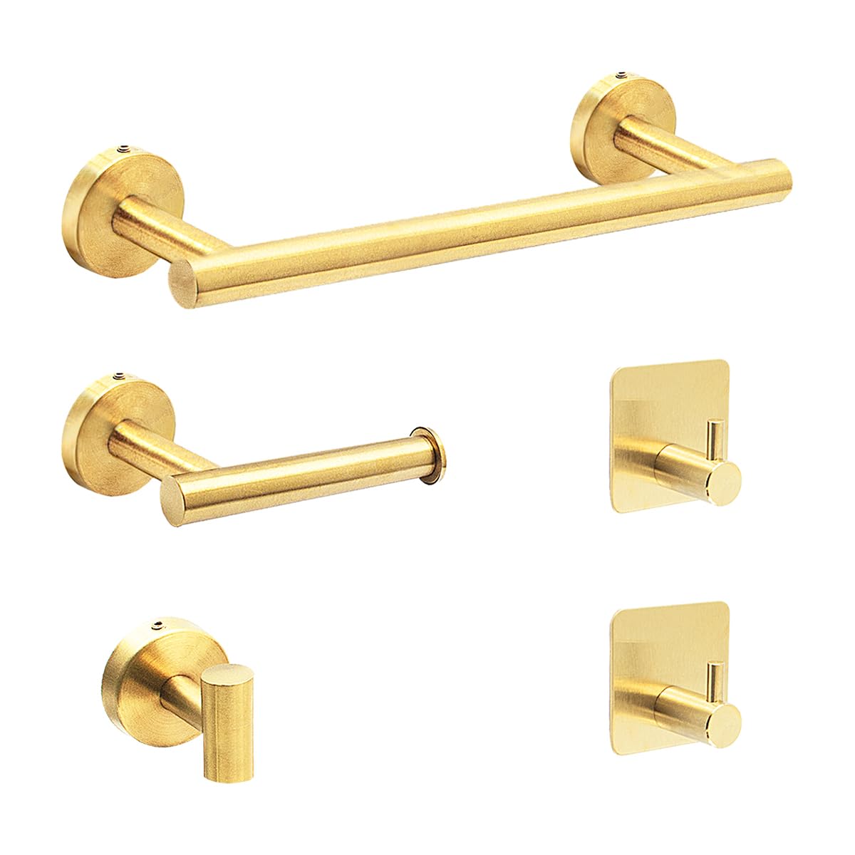 Brushed Nickel 5 Pieces Wall Mounted Stainless Steel Bathroom Towel Bar Towel Holder Toilet Paper Holder Hooks Bathroom Accessories Set (Gold)