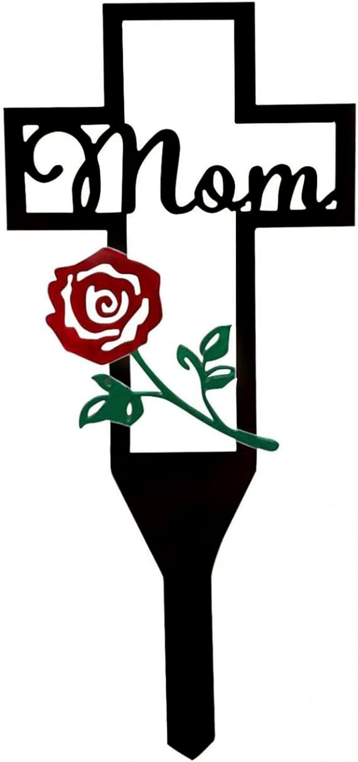 Decorative Garden Stakes - Metal Cross Garden Stake Graves Cemetery Decorations, Cemetery Memorial Cross Stake for Mom, Metal Cross Yard Stake Grave Markers, Memorial Signs Marker for Mom Grave (12X6 Inch)