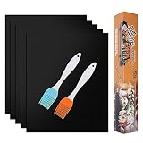Lucky Monet 5PCS BBQ Grill Mat Non Stick Grilling Barbecue Pad Baking Copper Sheet Reusable Washable With 2 Silicone Brushes For Electric Grill, Gas, Microwave, Charcoal And Toaster Oven (Black)