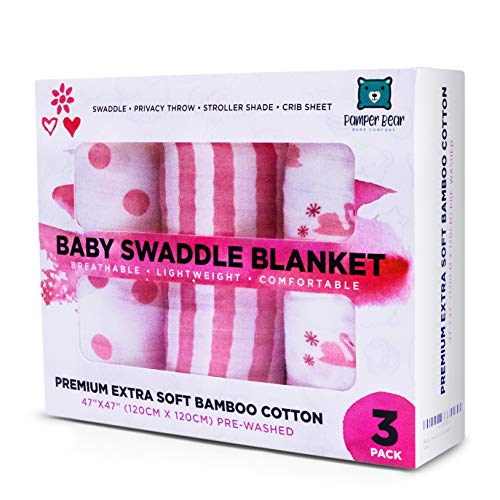 Pamper Bear [Set of 3] Muslin Bamboo Swaddle Blankets for Newborn Baby Girls - Soft Receiving Blankets Girl - Pink Flamingo Wrap Swaddles - Organic Swaddling for Infant Girl