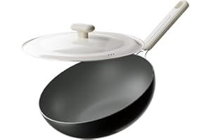 Stackbear PureSteel Pro 11.8-inch / 30 cm Carbon Steel Wok Pan - Pre-Seasoned Flat Bottom Chinese Wok & Stir Fry Pan with Lid