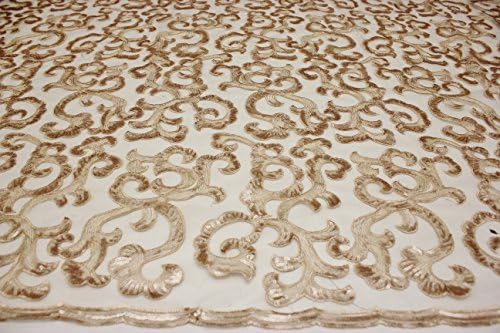 Item # 642 Modern Tribal Sequin Lace Fabric on Polyester Mesh, Elegant Heavy Lace Fabric (10.Champagne on Taupe)