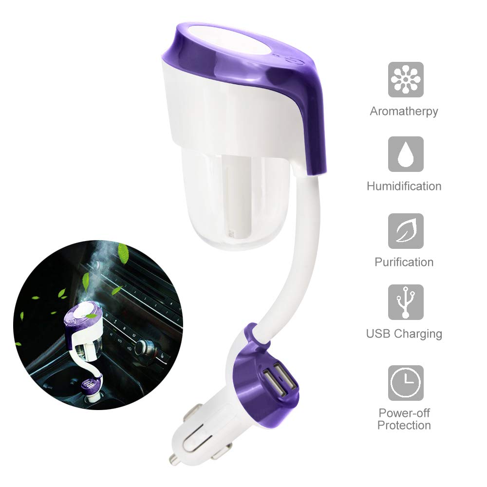 12V Mini Car Aromatherapy Diffuser Cool Mist Car Air Purifier with 2 USB Charger GenLed Car Humidifier Car Diffuser Filters Gift Portable Car Essential Oil Diffuser Car Diffuser Purple