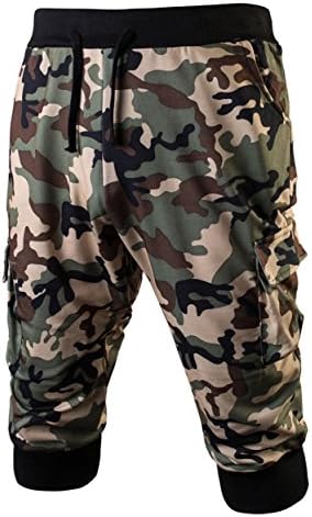 FLF Men's Knit 3/4 Sport Pants Shorts Casual Harem Baggy Burnout Jogger Shorts (XXL, Camouflage)