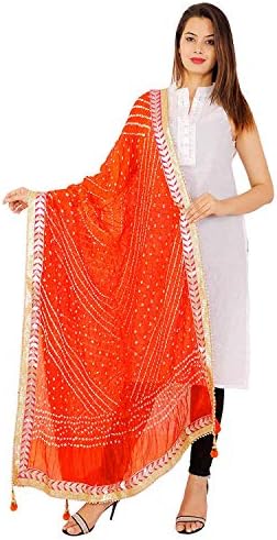 Kalpit Creations Women's Jaipuri Rajasthani Silk Bandhani Bandhej Multi-Colored Heavy Dupatta with Gota Work and latkan