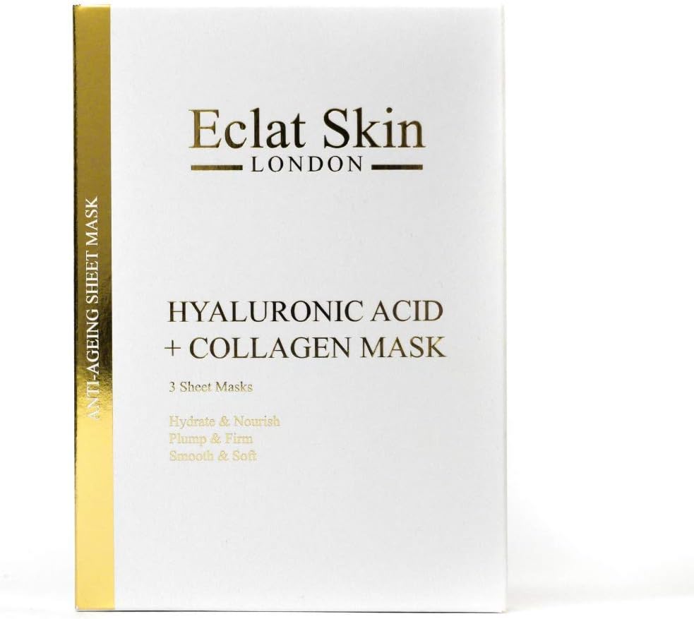 Eclat Skin LONDON Hyaluronic Acid & Collagen Sheet Masks Moisturizing Face Mask For Skin Dehydration Treatment & Smoother Skin (3 Mask Sheets)
