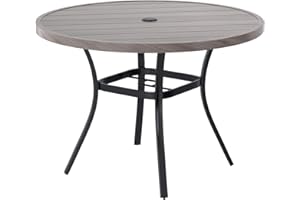 VICLLAX Round Patio Table with Adjustable Umbrella Hole, All Weather Outdoor Round Dining Table for Lawn Garden, 41.2"x 28" Grey Wood-Like Outdoor Coffee Table