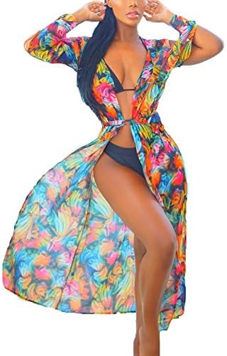 Women’s Floral Printed Chiffon Swimsuits Beach Cover Ups - Sexy Long Kimono Cardigan Bathing Suit Swimwear Bikini Cover Up Dress (S)