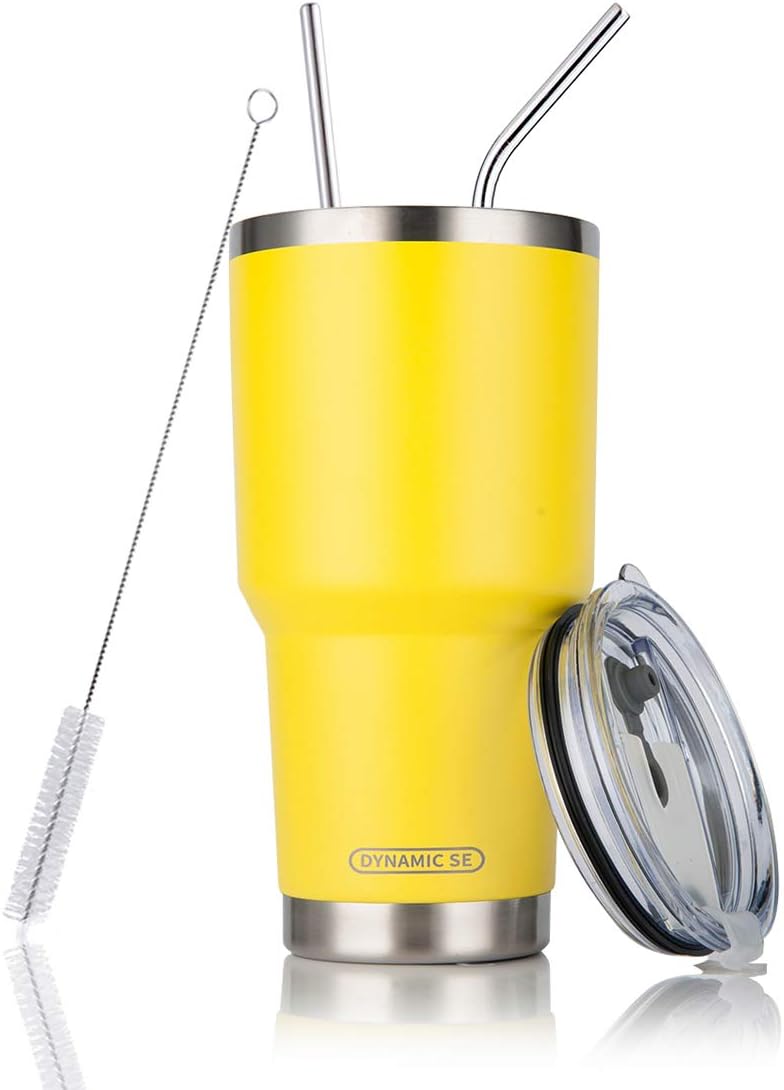 30oz Yellow Tumbler Stainless Steel Insulated Travel Mug with Straw Lid Cleaning Brush (30oz Yellow)