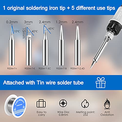 Saldatore a stagno, TyneGaly Saldatore Kit 60W con interruttore ON/OFF, Temperatura Regolabile 200~450℃, Saldatore per Precisione Saldatura, 5 Pezzi Punte, Filo per Saldatura