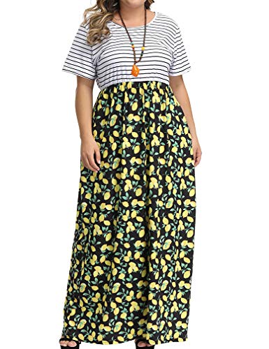 image for Allegrace Women's Plus Size Floral Print Striped Patchwork Maxi Dress 