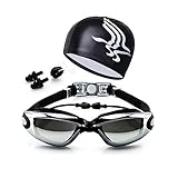 Swim Goggles + Swim Cap + Case + Nose Clip + Ear Plugs Swimming Goggles Waterproof Mirrored & Clear Anti Fog UV400 Protection Lenses for Adult Men Women Youth Kids