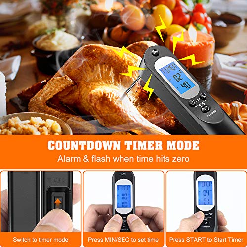Comsoon Digital Meat Thermometer & Kitchen Timer, Instant Read Food Candy Thermometer for Grill Oven Smoker BBQ, Rechargeable Cooking Thermometer with USB Cable, Bright LCD Display & Flashlight