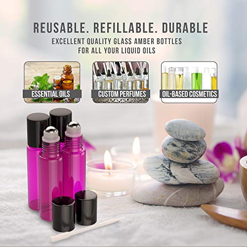 4 Pack - Essential Oil Roller Bottles [Metal Chrome Roller Ball] FREE Plastic Pippette, Funnel and Bottle Opener Refillable Glass Color Roll On for Fragrance Essential Oil - 10 ml 1/3 oz (Purple)