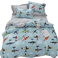 LAYENJOY 100% Cotton Kids Duvet Cover Set Queen Size Toy Airplane Aircraft Flying Sky Clouds Pattern Printed Blue Comforter Cover Full for Teens Boys Girls, Zipper Closure, No Comforter