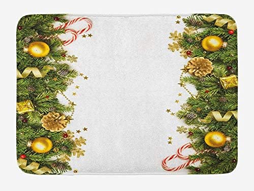 VTXWL Christmas Bath Mat, Tree Branches Border with Gold Color Baubles Candy Stars Swirled Ribbons Print, Plush Bathroom Decor Mat with Non Slip Backing, 23.6 W X 15.7W Inches, Multicolor