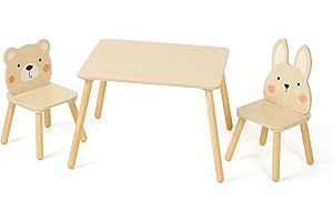 OOOK Kids Wood Table and Chair Set - Including 2 Animal Chairs - Waterproof Desktop - Adorable Toddler Table Chairs Set for Eating, Snack Time and Play Games