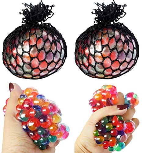 MOBiZAFS Bubble Ball Rainbow Ball Squeeze Toy Anti-Stress Relief Non-Toxic Spongy Ball Squeezable Silicone Rubber Ball (with Black Or White Net) (Set of 2)