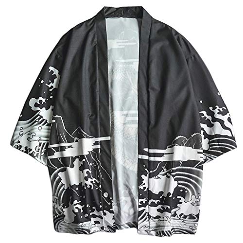 Men's Embroidery Kimono Cardigan Casual Cotton Linen Seven Sleeves Open Front Coat