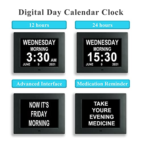Digital Day Calendar Clock with Medication Reminders 8 Alarms Extra