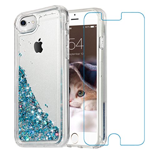 iPhone 7 Case, Maxdara [iPhone 7 Screen Protector] Protective Glitter Liquid Floating Luxury Bling Sparkle Quicksand Shockproof Bumper Case Pretty Fashion Design for Girls Children 4.7 inch (Blue)