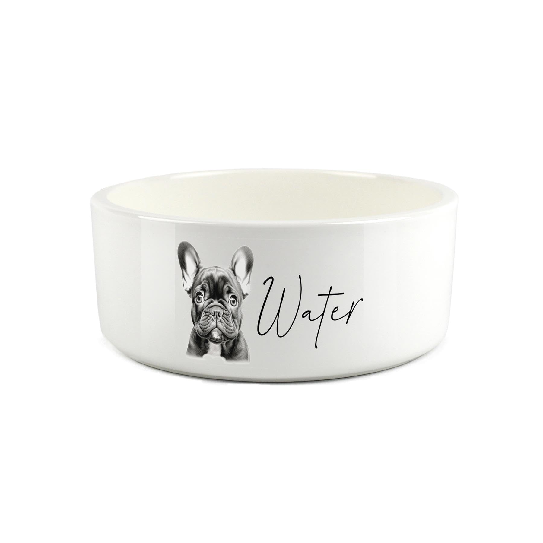 Frenchie Pet Bowl - Black & White French Bulldog Portrait Large Ceramic Water Bowl - White Water Dish For Dogs