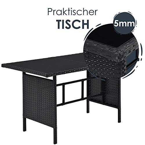 Juskys Polyrattan Lounge Manacor mit Ecksofa, Esstisch, 2 Hocker & Kissen - wetterfest bis 7 Personen - Bezüge waschbar - Rattan Garten Sitzgruppe Gartenlounge Gartenmöbel Set - Schwarz/Grau – Bild 5