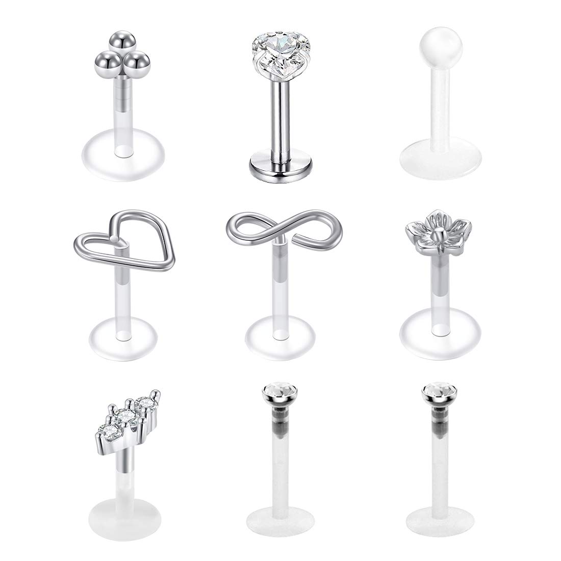 AVYRING 9PCS 16G Tragus Earrings Stud Lip Rings Bioflex Piercing Retainer Labret Helix Cartilage Earrings for Women Men Body Piercing - Silver