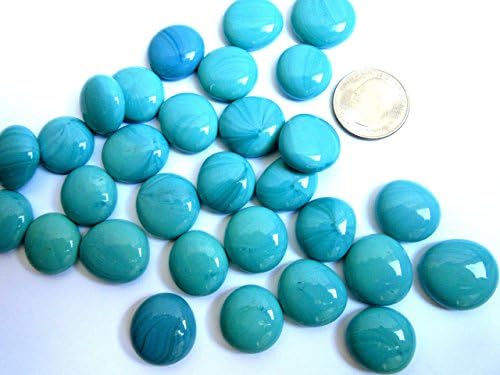 50 Opaque Teal Blue Glass Gems, 14 - 18 mm Flat Marbles, Vase Fillers, Round Glass Mosaic Tiles