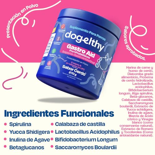 Dogelthy Gastro Aid. Pre + Probioticos con +3 Billones de UFC x Scoop. Suplemento para Perros. Complemento para Croquetas o Dieta Barf de 270g (Cerdo)
