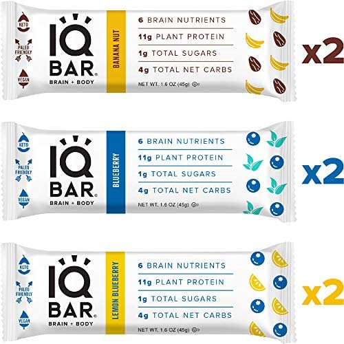 IQ BAR Brain + Body Bars, Fruit Lovers Variety | Keto, Paleo-Friendly, Vegan | 11g Protein, 1g Sugar, 4g Net Carbs | Non-GMO, Gluten-Free, No Sugar Alcohols | 6-Count (3 Flavors)