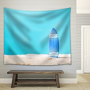 Summer Theme with Surfboard on a Bright Blue Background - Fabric Wall Tapestry Home Decor - 51x60 inches
