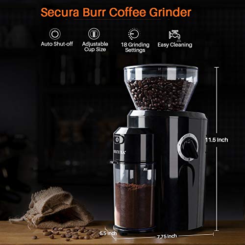 Secura Burr Coffee Grinder, Conical Burr Mill Grinder with 18 Grind