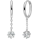 Dainty Clear CZ Chain Dangle Hoop Earrings for Women, 925 Sterling Silver Huggie Hoop with Chain Drop Charm, Hypoallergenic Jewelry for Everyday Wear