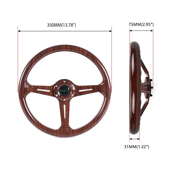 RASTP WALNUT WOOD GRAIN TRIM RACING STEERING WHEEL, 13.8”/350MM 6 BOLTS STEERING WHEEL
