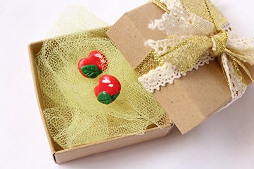 Cute Polymer Clay Earrings – Red Stud Apple Earrings with Bright &amp; Vibrant Colors – with Silicone Backings – Handmade Unique Fruit Earrings or Ear Studs