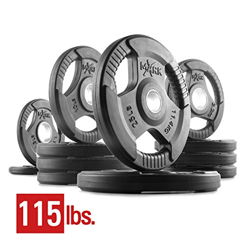 XMark Fitness Combo Offer 7 ft. Olympic Excercise Bar XM-3817-BLACK with Premium Quality Rubber Coated Tri-Grip Olympic Weights Set XM-3377-BAL-115