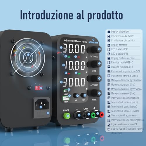Variable DC Power Supply, Switchable 32V 10A Bench Power Supply with 20W USB & Type-C Fast Charging, Encoder Fine Adjustment Knob and Corasion, Output Switch SPS-3010V