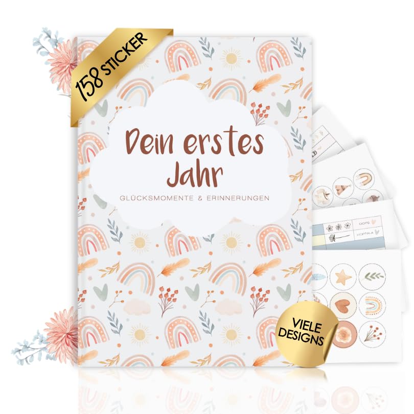 Cozy Racoon Baby album "Mein erstes LebensJahr" with 158 stickers. Baby album to design and fill in for the most beautiful moments. Gift for birth for boys and girls, boho pattern