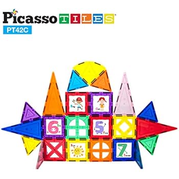 PicassoTiles 42 Piece Magnetic Building Blocks with 32pc Tiles and 10pc Click-in Educational Graphic Arts Magnet Construction Toy Set STEM Learning Playset Child Brain Development Stacking Playboard