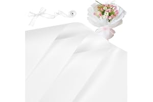 ZORRITA 20 Sheets White Flower Bouquet Wrapping Paper, Waterproof Floral Paper Wrap with Ribbons for Florist Supplies, 22.8 x 22.8 inch