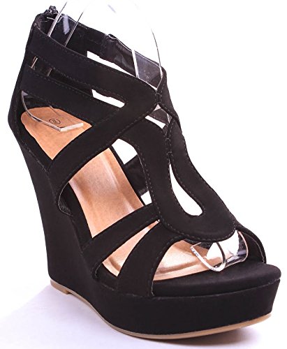 JJF Shoes Lindy-3 Black Strappy Nubuck PU Comfort Gladiator Dress Platform High Wedge Sandals-8