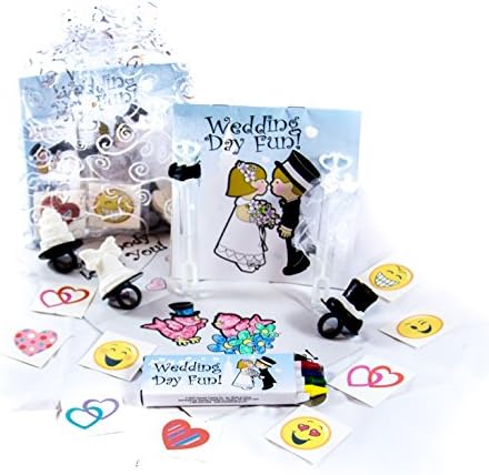 Children's Wedding Activity Set, Wedding Coloring Book and Crayons, Bride and Groom Bubbles, Bride and Groom Ring Sucker. Fun Heart and Emoji Tattoos in an Organza Bag