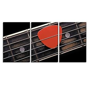 3 Piece Canvas Wall Art - Orange Guitar Pick on The Fingerboard - Modern Home Art Stretched and Framed Ready to Hang - 16"x24"x3 Panels