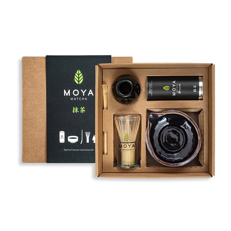 Organic Moya Matcha Green Tea Set | 30g Premium Grade (I) Pack + Bowl + Whisk + Holder + Spoon | Premium Ceremonial Grade Powder Complete Preparation Kit Gift