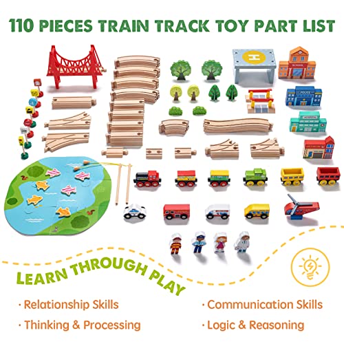 Tiny Land Train Set 110pcs Wooden Train Set, Toy Train for Boys & Girls