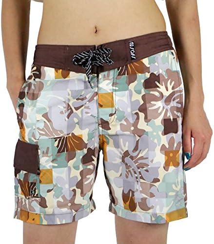SAFS Women's Board Shorts Cover Up Shorts Swim Trunks Maui Hibiscus Brown 8