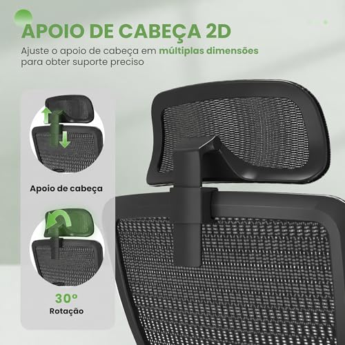 Cadeira de Escritório Ergonômica Preta com Suporte Lombar Independente, Encosto em Malha Respirável, Apoio de Cabeça Ajustável, Altura Regulável, Giratória 360°, Conforto para Home Office e Trabalho