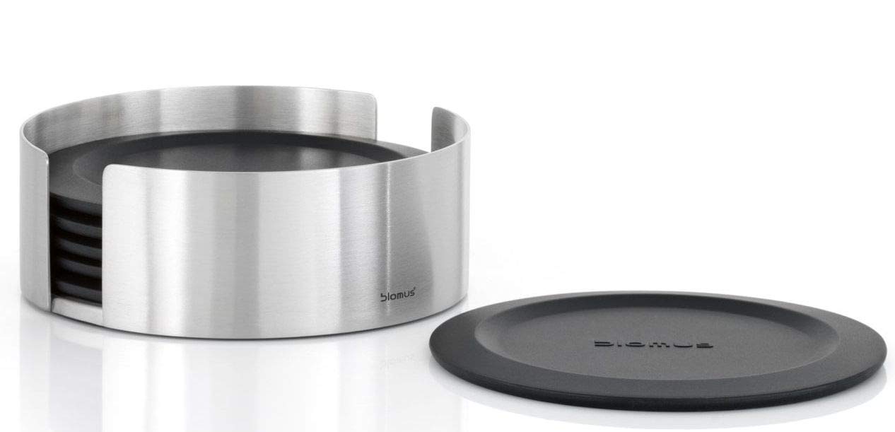 blomus 63476 coasters, round, 6 pc LARETO, Black/Silver
